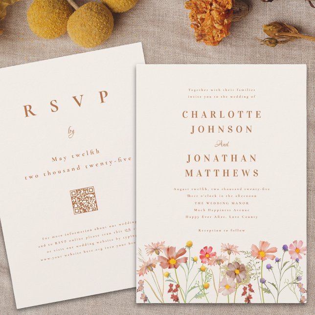 Boho Höst Vildblomma Bröllop Inbjudningar (Boho fall wildflower wedding invitation watercolor autumn florals terracotta beige burnt orange)