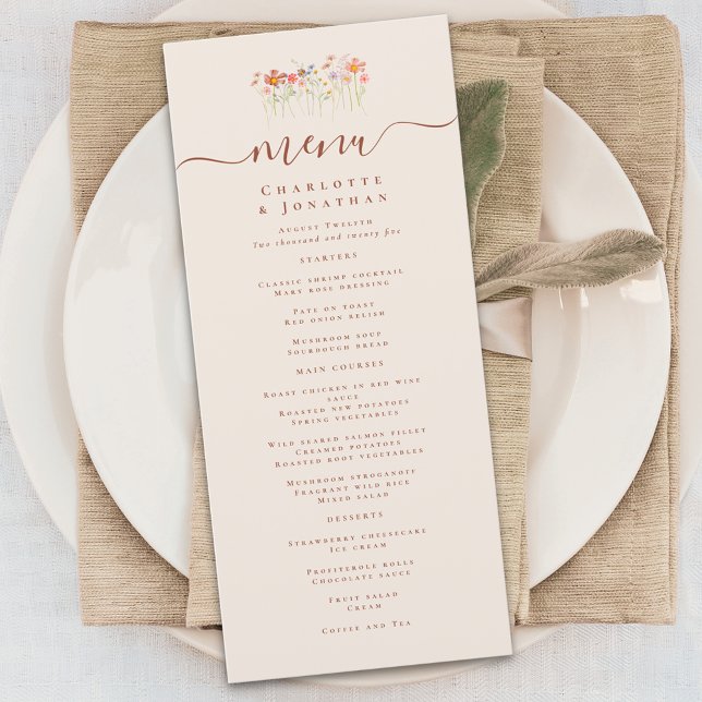 Boho Höst Vildblomma Bröllop Meny (Elegant boho fall Wildflower floral beige tan Wedding menu card terracotta rust script)