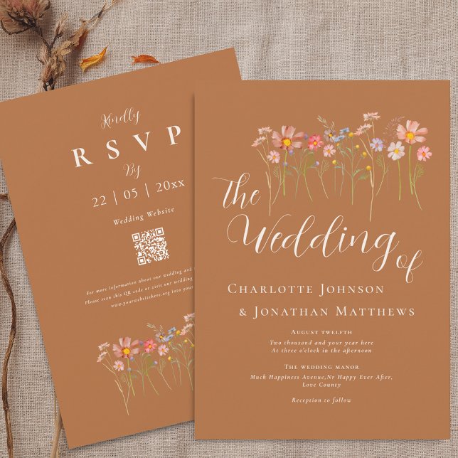 Boho Höst Vildblomma Brun Socker Beige QR-kod Inbjudningar (Boho fall rustic wildflower meadow brown sugar terracotta rust wedding qr code wedding invitation)