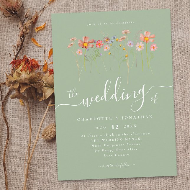 Boho Höst Vildblomma Salvia Grön Inbjudningar (Boho fall Wildflower rustic floral sage green Wedding invitation Watercolor whimsical garden flowers)