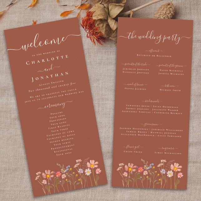 Boho höst vildblomma terrakotta bröllopsceremoni meny (Boho fall Wildflower meadow  floral terracotta rust Wedding ceremony program Elegant modern script)