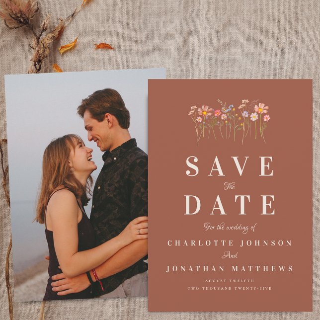 Boho höst vildblomma terrakotta foto bröllop spara datumet (Photo boho fall wildflower floral terracotta wedding save the date invitation Elegant modern)