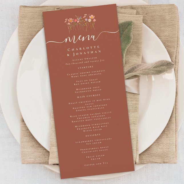 Boho höst vildblomma terrakotta rost bröllop meny (Elegant boho fall Wildflower floral terracotta rust Wedding menu card)