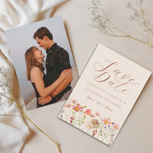 Boho Höst Vildblommeäng Foto Bröllop Spara Datumet (Boho chic wildflower meadow watercolor rustic florals photo wedding save the date card)