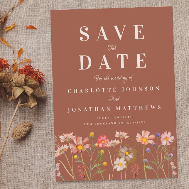 Boho höst vildblommeäng terrakotta bröllop spara datumet (Wildflower meadow boho fall floral terracotta rust photo wedding save the date invitation )