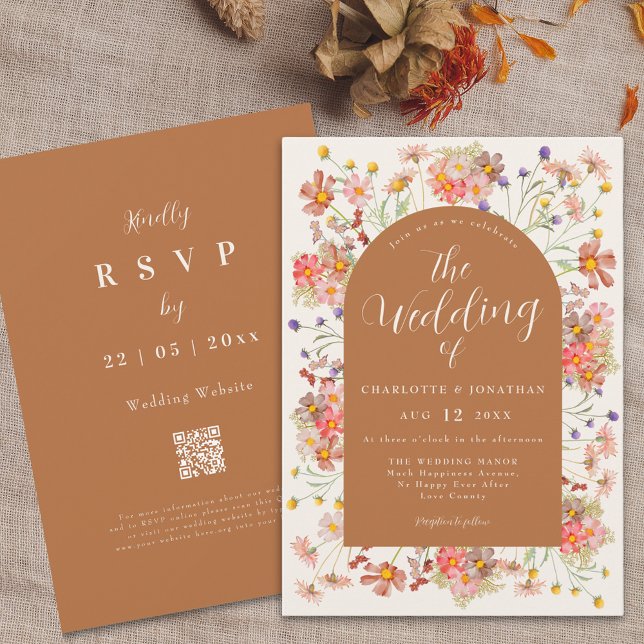 Boho höst vildblommig valv bränd orange bröllop inbjudningar (Boho fall Wildflower arch burnt orange terracotta Wedding invitation autumnal dried flowers)