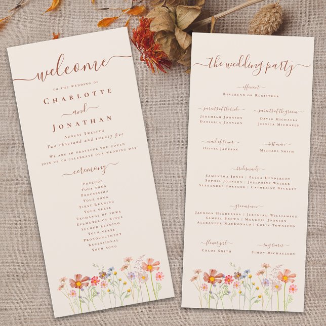 Boho höst vildblommor äng bröllopsceremoni meny (Boho fall Wildflower meadow beige Wedding ceremony program card watercolor florals elegant script)
