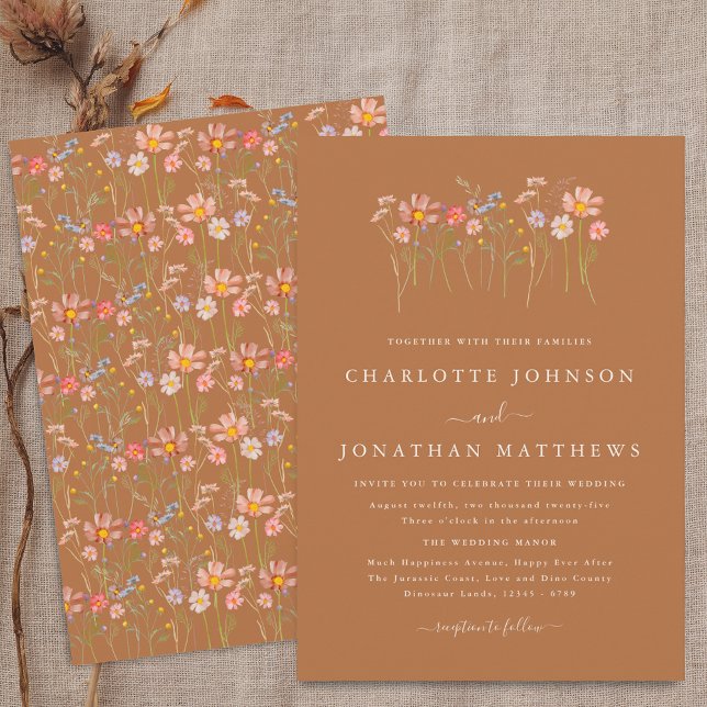 Boho Höst Vildblommor Äng Brun Orange Bröllop Inbjudningar (Boho fall Wildflower floral brown sugar terracotta orange Wedding invitation Elegant modern script)
