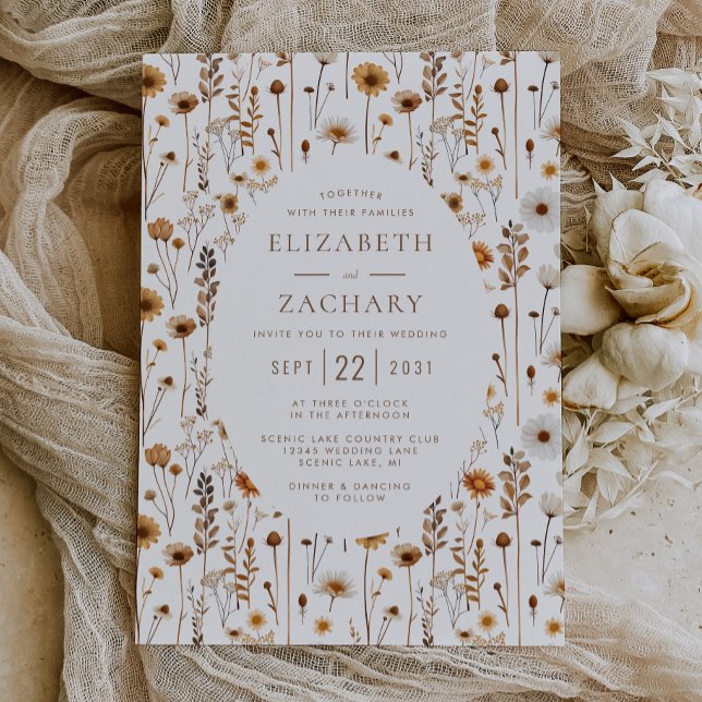 Boho höst- vildblommotiv Brun Beige Bröllop Inbjudningar (Skapare uppladdad)
