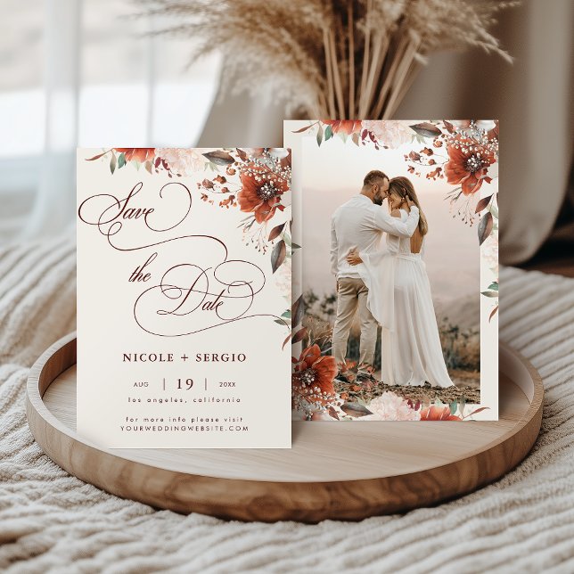 Boho höstblomma elegant script & foto bröllop spara datumet (Skapare uppladdad)