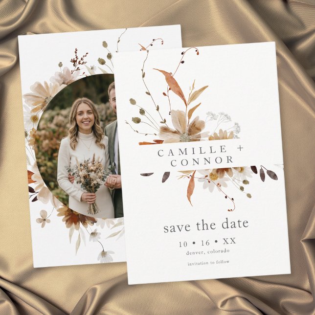 Boho höstblomma Neutral Rustik Foto Bröllop Spara Datumet (Boho Fall Floral Neutral Rustic Photo Wedding Save The Date)