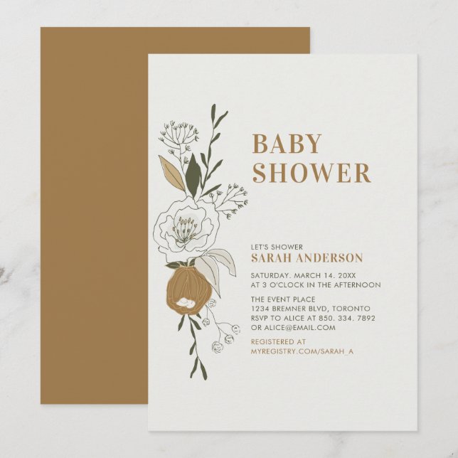 Boho höstblommig baby shower inbjudan (Fram/baksida)