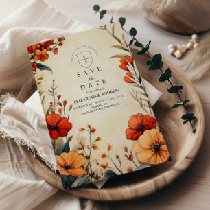 Boho höstblommig bröllop spara datumet