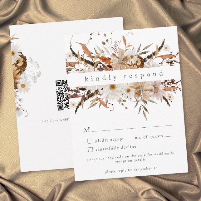 Boho höstblommig neutral rustik bröllops QR-kod OSA Kort (Boho Fall Floral Neutral Rustic Wedding QR Code RSVP Card)