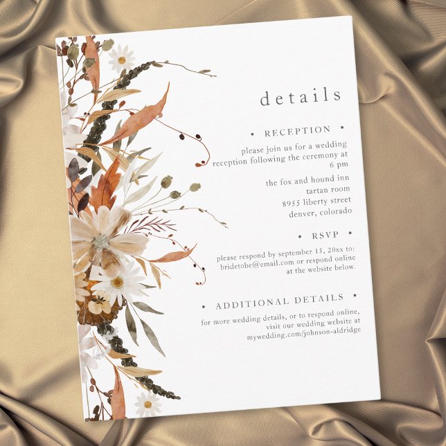 Boho höstblommig neutral rustik bröllopsdetalj tilläggskort (Boho Fall Floral Neutral Rustic Wedding Details Enclosure Card)
