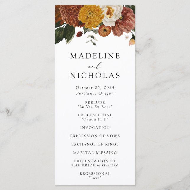Boho höstblommig vigselceremoni program (Framsida)