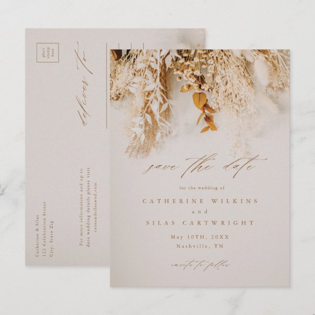 Boho höstblommor Bröllop Spara datum Meddelande Vykort (Fram/baksida)