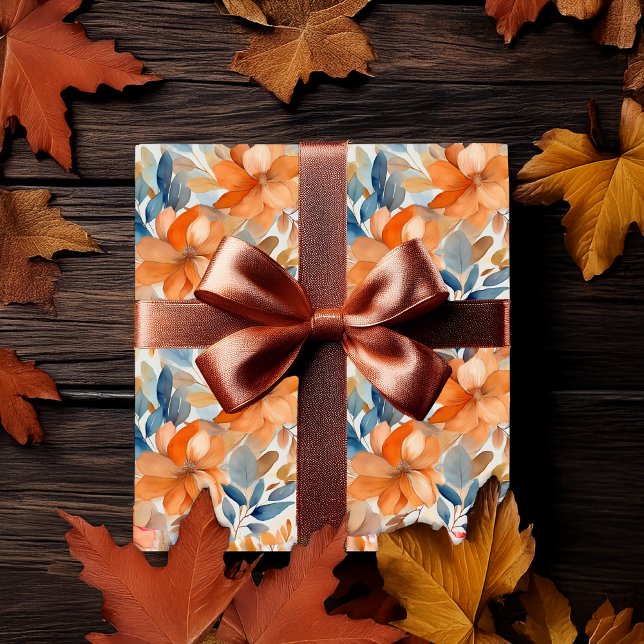 Boho höstblommor terrakotta aprikosblå presentpapper (Boho Fall | Autumn Floral Blooms Terracotta Apricot Blue Wrapping Paper)