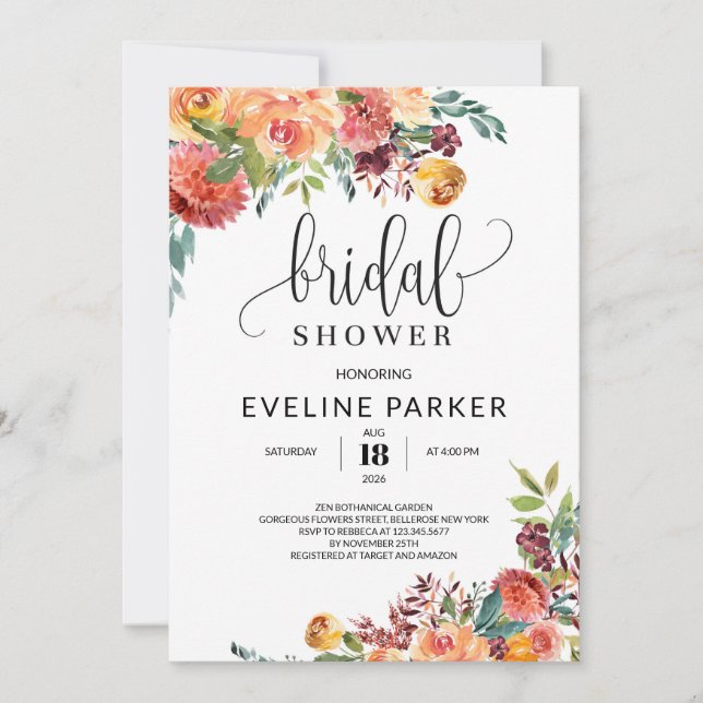 Boho höstmarigold och  burgundblommor  inbjudningar (Framsida)