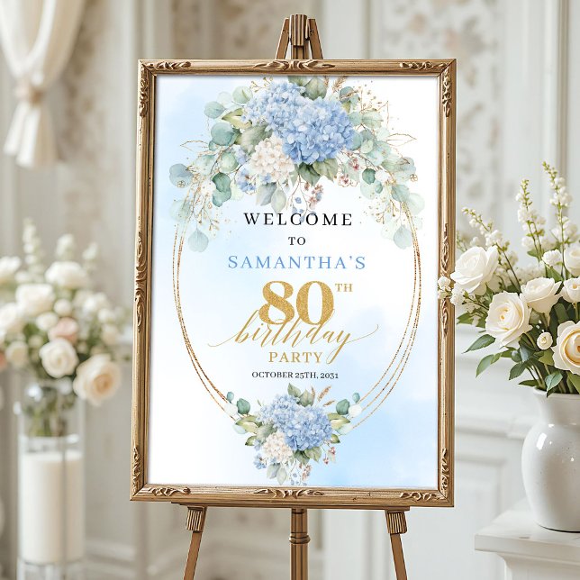 Boho Hydrangeas Dammblå Charm 80-årsdag  Poster (Boho Hydrangeas Dusty Blue Charm 80th birthday welcome)