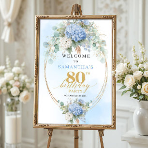 Boho Hydrangeas Guld Dammig Blå 80 födelsedags väl Poster