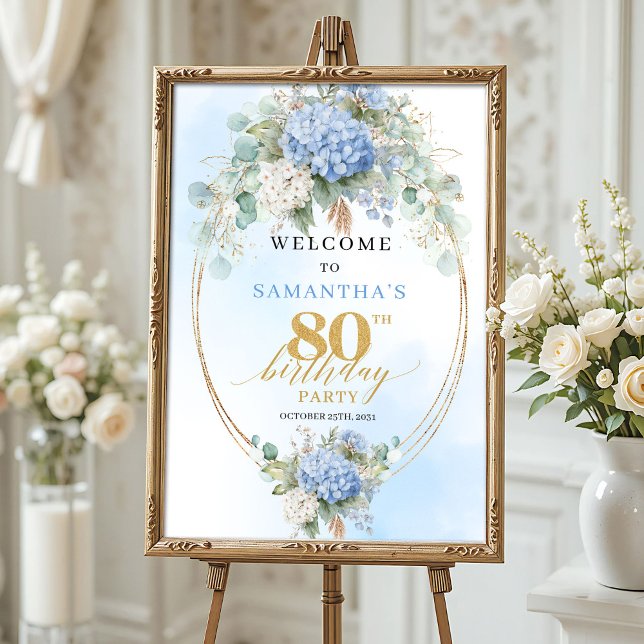 Boho Hydrangeas Guld Dammig Blå 80 födelsedags väl Poster (Boho Hydrangeas Gold Dusty Blue 80th birthday welcome)