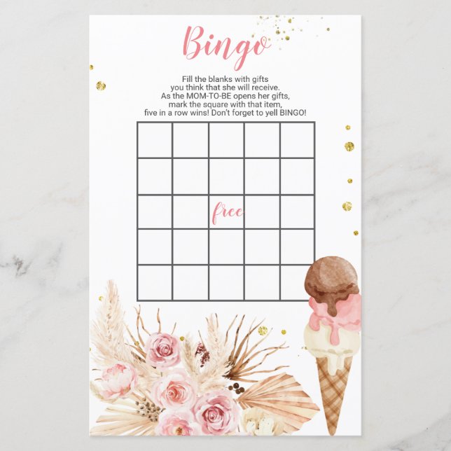 Boho Ice kräm Rosa blommor babydusch Bingo Game (Framsida)
