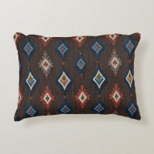 Boho Ikat accent Pillow - Earthy Brown med Coral