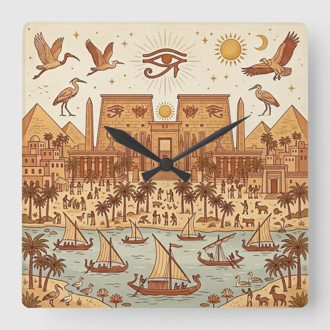 Boho illustration av forntida egyptisk stad - Terr Fyrkantig Klocka (Framsida)