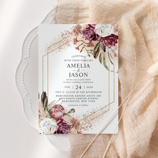 Boho-inbjudan till Burgundy,  Eleganten och Ro Gul Inbjudningar (Skapare uppladdad)