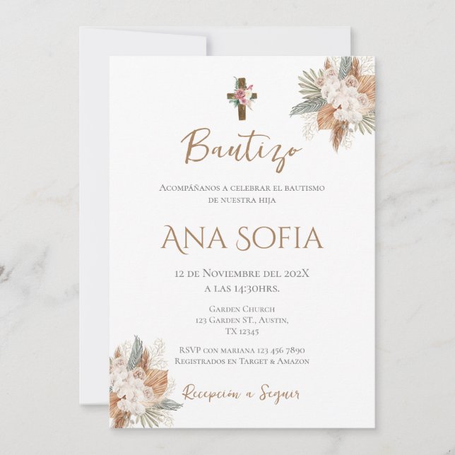 Boho inbjuder Spansk baptism Girl Inbjudningar (Framsida)