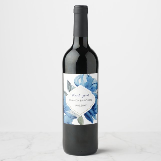 Boho Indigo Blå Abstrakt Blommig Vinflaska Etikett (Framsida)