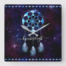 Boho Indigo Tribal Celestial Mandala Dreamcatcher Fyrkantig Klocka