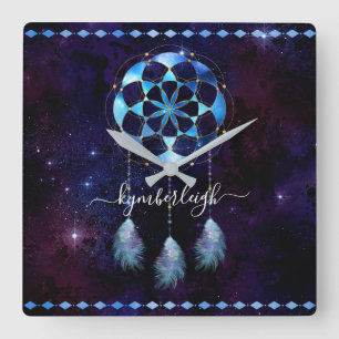 Boho Indigo Tribal Celestial Mandala Dreamcatcher Fyrkantig Klocka
