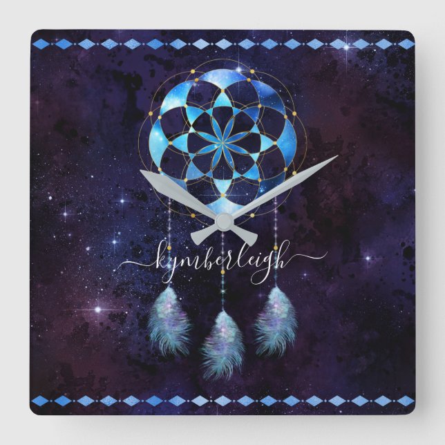 Boho Indigo Tribal Celestial Mandala Dreamcatcher Fyrkantig Klocka (Framsida)