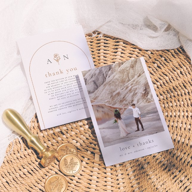 Boho Initialer Terracotta Arch & Photo Bröllop Tack Kort (Skapare uppladdad)