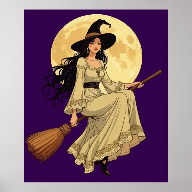 Boho-inspirerad Witchy Woman Astride A Besom Poster (Framsidan)
