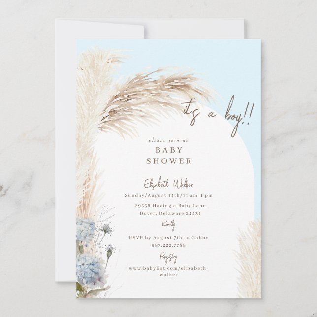 Boho Isig Blue Pampas Baby Shower Inbjudningar (Framsida)