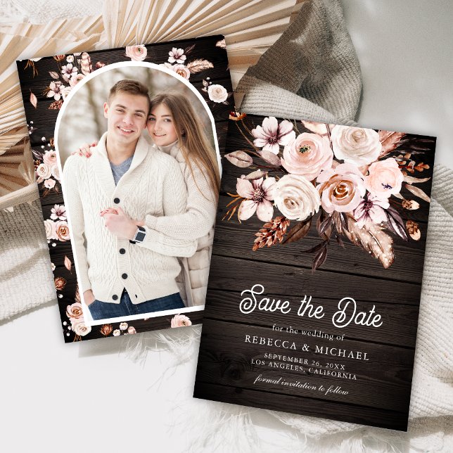 Boho Jordnära Blommig Foto Trä Bröllop Spara Datumet (Skapare uppladdad)