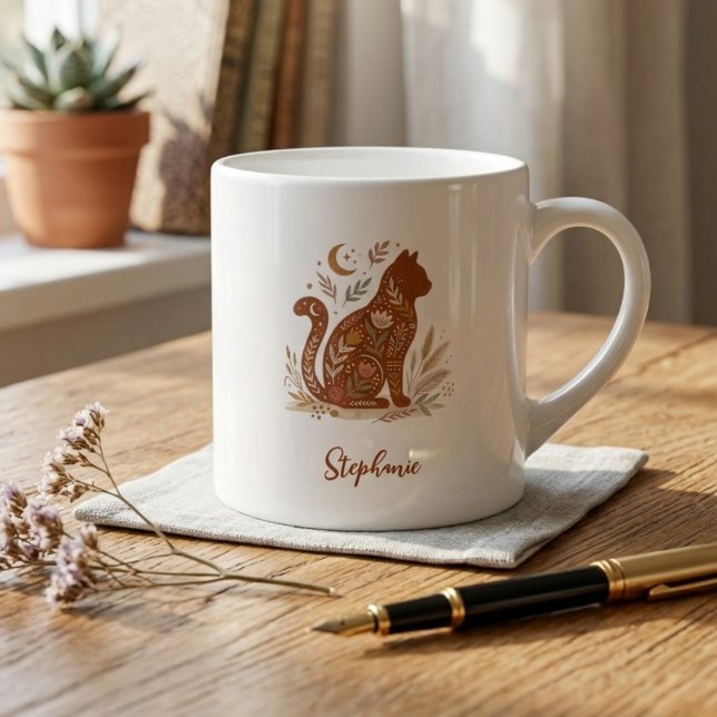 Boho jordnära botanisk hyllning till katt-självän espressomugg (Folk art floral cat espresso cup)