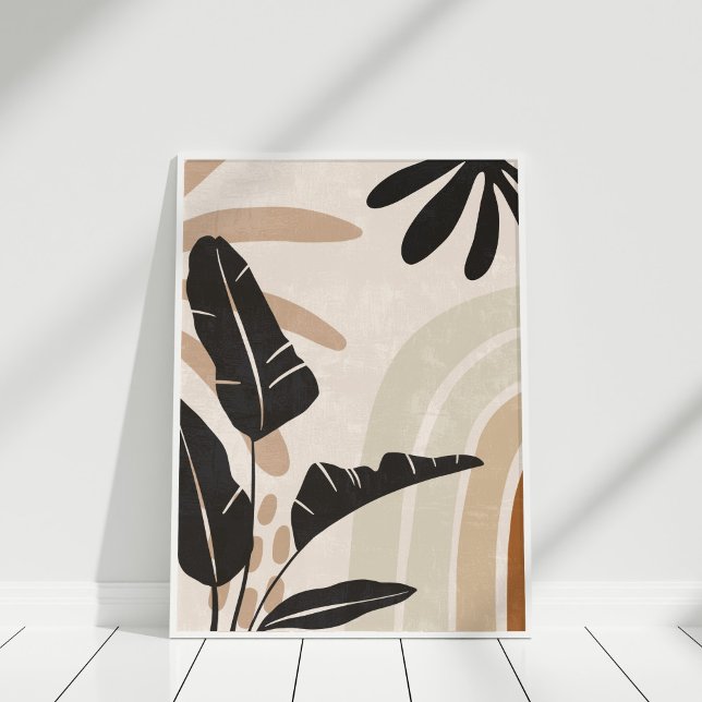 Boho jordton Botanisk Abstrakt Väggkonsttryck Poster (Boho Abstract Earth Tone Leaves and Rainbow Poster in a white frame.)