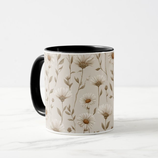 Boho jordton Daisy Tan Blommönster Mugg (Framsida vänster)