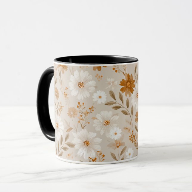 Boho jordton Daisy Tan Blommönster Mugg (Framsida vänster)