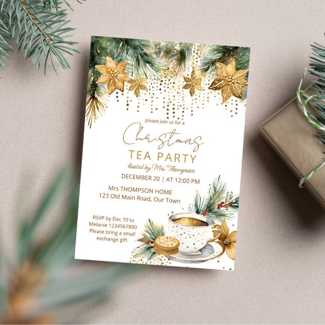 Boho jul-brunch-te-party-mall inbjudningar (Boho Christmas Christmas brunch tea party template invitation digital download gold poinsettia cup)