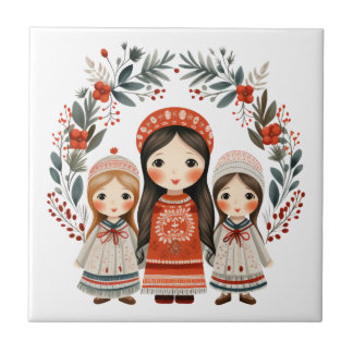 Boho jul Girls Scandinavian Folk Art Kakelplatta
