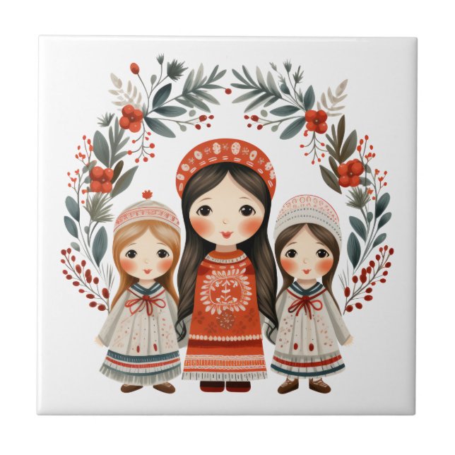 Boho jul Girls Scandinavian Folk Art Kakelplatta (Framsidan)