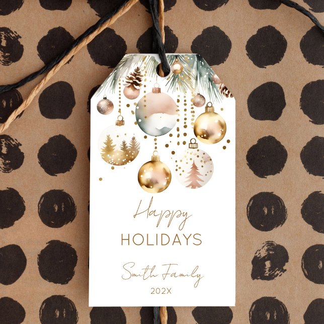 Boho jul-helgdag-snowy gräs guld baubles presentetikett (Boho Christmas holiday snowy pines gold baubles Gift Tags watercolor pines gold baubles gift tags)