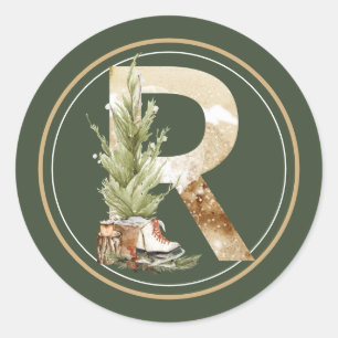 Boho jul Monogram R med Träd och Skates Runt Klistermärke