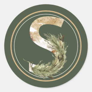 Boho jul Monogram S med Greenery Runt Klistermärke