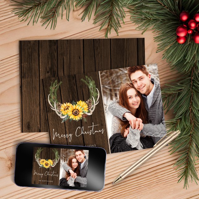 Boho jul Solrosfransens Helgdag Photo Julkort (Boho Christmas Sunflower Wreath Holiday Photo Christmas Card)